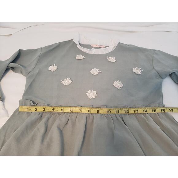 YOCO Dress Womens Small Sage Green Long Sleeve Ruffle Collar Floral Applique - Picture 10 of 16